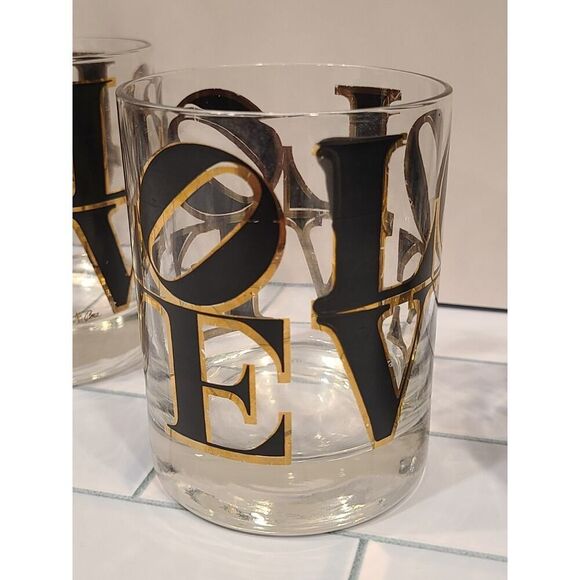 CERA MCM Glass Old Fashioned Rocks Glasses Cocktail Black & Gold 'LOVE' Set of 4 - Picture 11 of 16